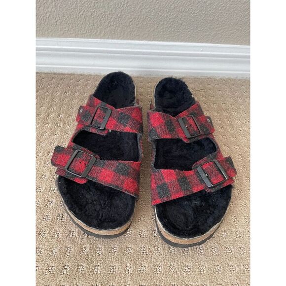 Birkenstock Arizona Shearling Sandals Men 45 US 12 Red‎ Black Wool Adjustable